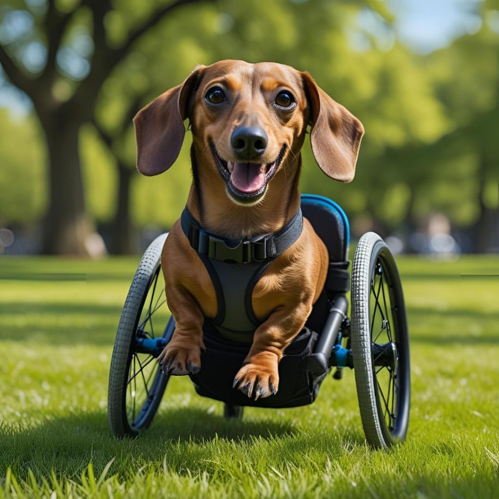 Teckel con discapacidad, en silla de ruedas