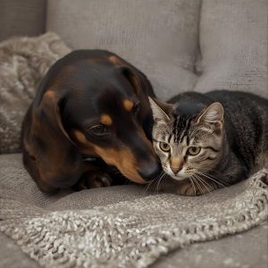 perro salchicha teckel conviviendo con un gato