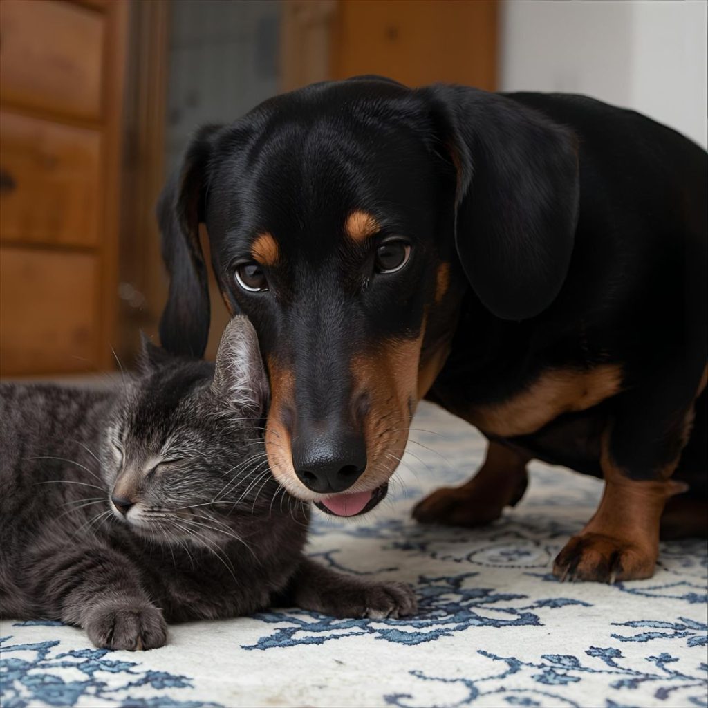 Un teckel, perro salchicha conviviendo con un gato