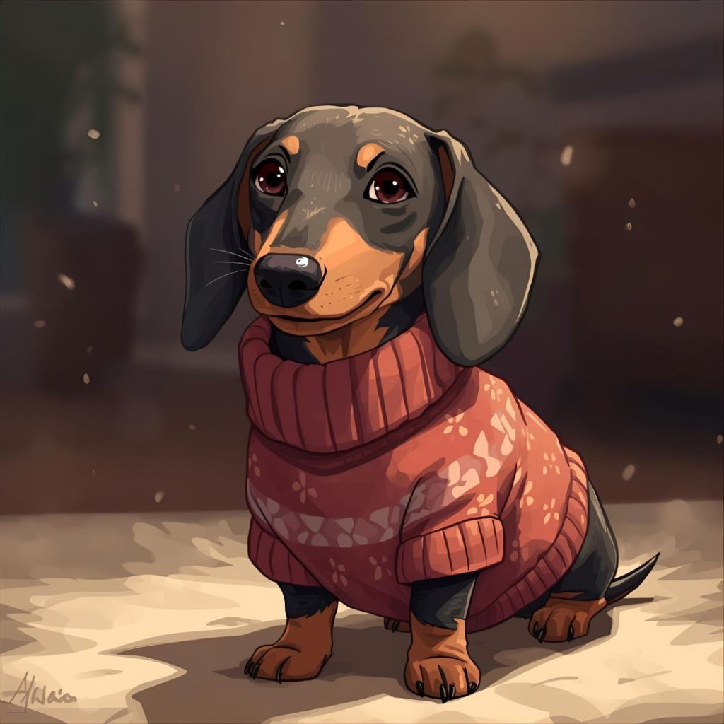 perro teckel temblando, abrigado con jersey rojo