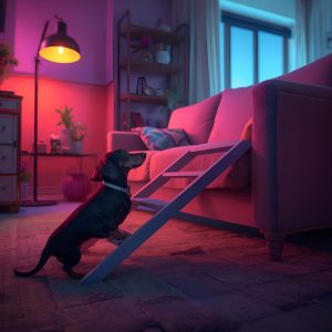 perro salchicha subiendo al sofá por una escalera para sofá