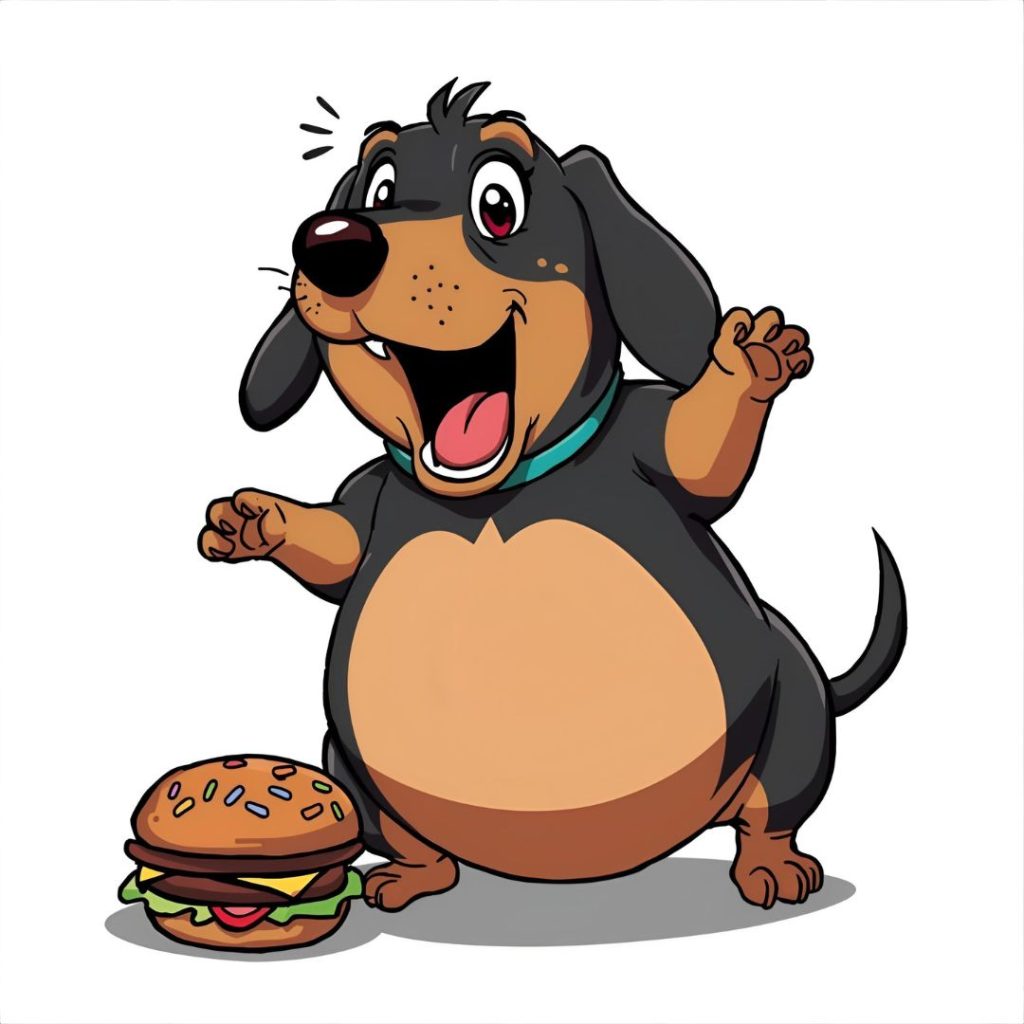 perro salchicha teckel con sobrepeso por mala alimentación